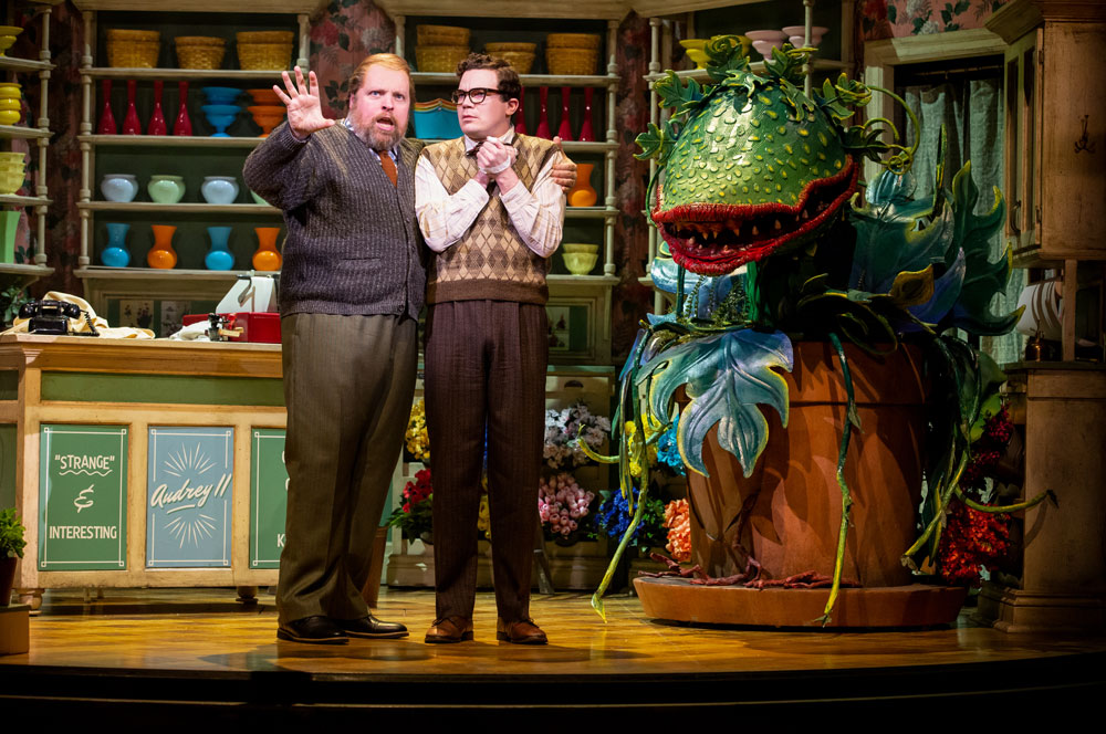 Steve Ross (left) as Mr. Mushnik and André Morin as Seymour Krelborn in Little Shop of Horrors. Photography by Cylla von Tiedemann.