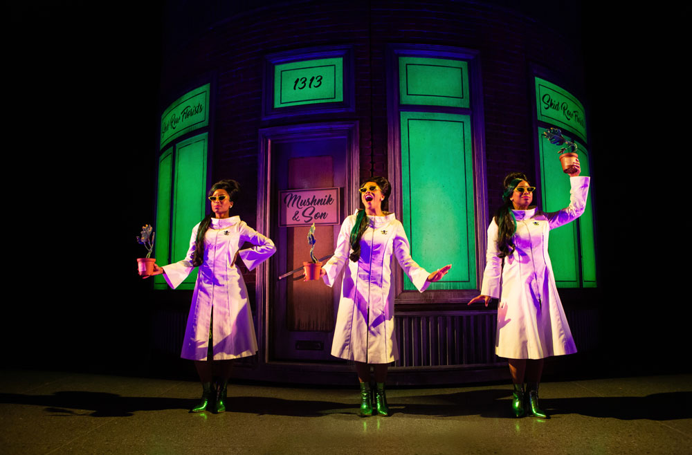 From left: From left: Dan Chameroy as Orin, the Dentist, Starr Domingue as Crystal, Vanessa Sears as Ronnette and Camille Eanga-Selenge as Chiffon in Little Shop of Horrors. Photography by Cylla von Tiedemann.